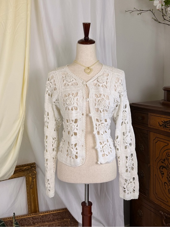 Express Sweaters - Rare Express Handknitted White Crochet Floral Openwork Cardigan - Cottagecore